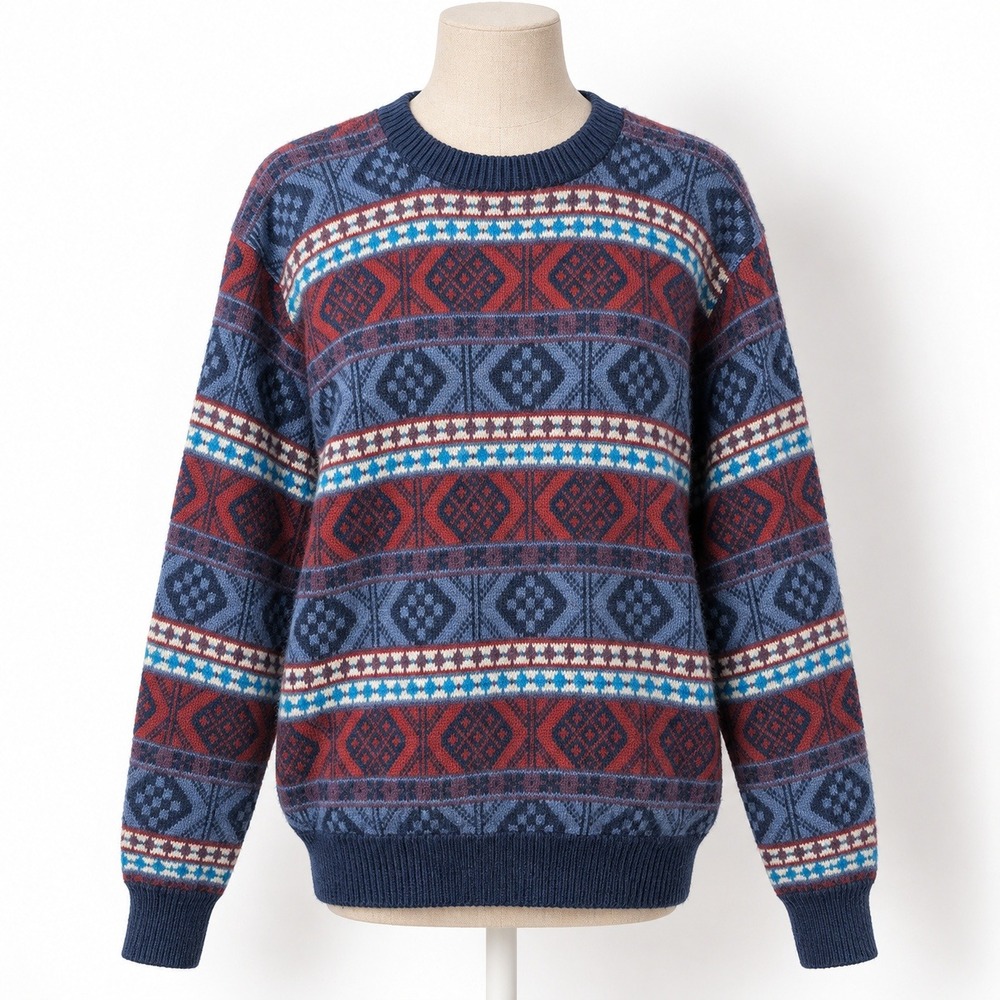 Vintage 90s Fair Isle Wool Blend Sweater Sz L Blue Nordic Striped Retro Cottage